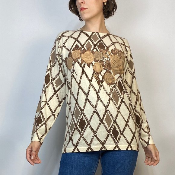Vintage 80s Wool & ANGORA Sweater with ROSE and Check Pattern! Medium - Picture 5 of 6